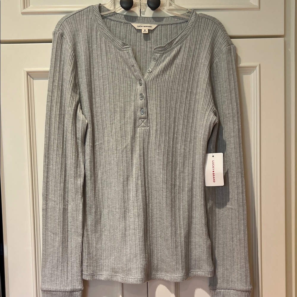 Lucky Brand Light Gray Ribbed Henley Top